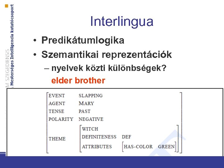 Interlingua • Predikátumlogika • Szemantikai reprezentációk – nyelvek közti különbségek? elder brother 
