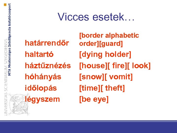 Vicces esetek… határrendőr haltartó háztűznézés hóhányás időlopás légyszem [border alphabetic order][guard] [dying holder] [house][