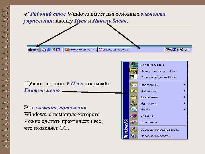  Рабочий стол Windows имеет два основных элемента управления: кнопку Пуск и Панель Задач.