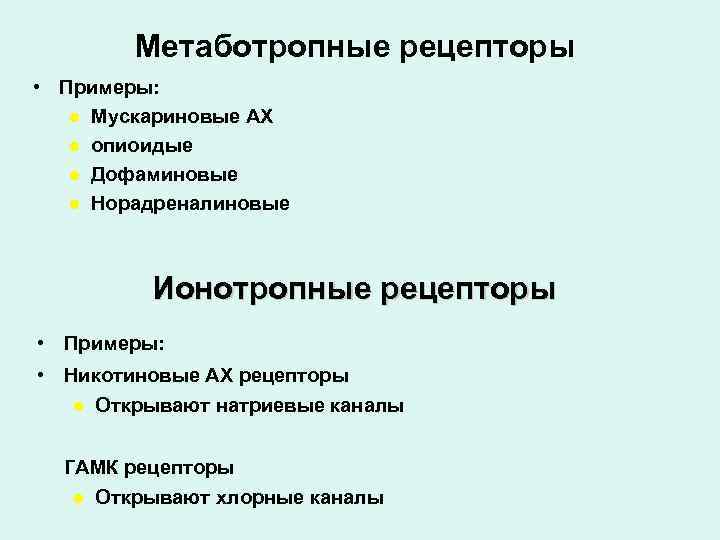 Метаботропные рецепторы • Примеры: Мускариновые АХ опиоидые Дофаминовые Норадреналиновые Ионотропные рецепторы • Примеры: •