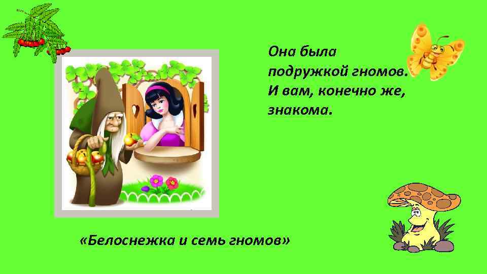 Она была подружкой гномов. И вам, конечно же, знакома. «Белоснежка и семь гномов» 