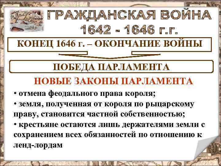 КОНЕЦ 1646 г. – ОКОНЧАНИЕ ВОЙНЫ ПОБЕДА ПАРЛАМЕНТА НОВЫЕ ЗАКОНЫ ПАРЛАМЕНТА • отмена феодального