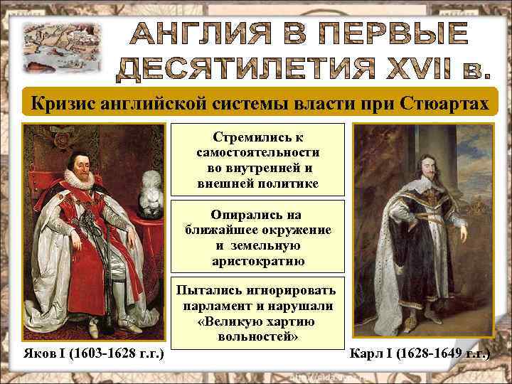 Кризис английской системы власти при Стюартах Стремились к самостоятельности во внутренней и внешней политике