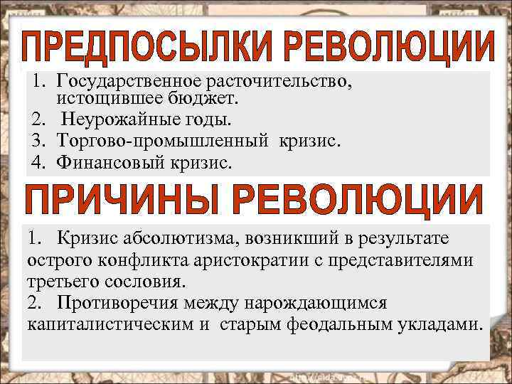 1. Государственное расточительство, истощившее бюджет. 2. Неурожайные годы. 3. Торгово-промышленный кризис. 4. Финансовый кризис.