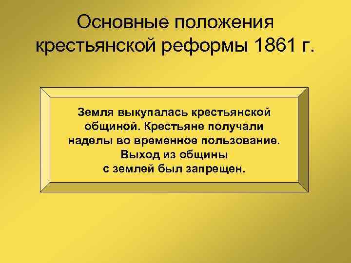 Основные положения крестьянской реформы 1861 г. Земля выкупалась крестьянской общиной. Крестьяне получали наделы во