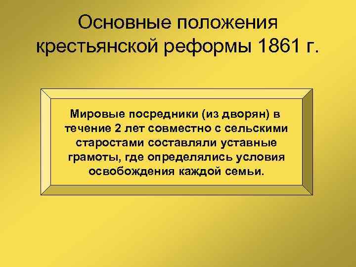 Основные положения крестьянской реформы 1861 г. Мировые посредники (из дворян) в течение 2 лет