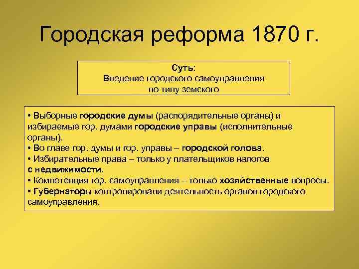 Городская реформа 1870 г. Суть: Введение городского самоуправления по типу земского • Выборные городские