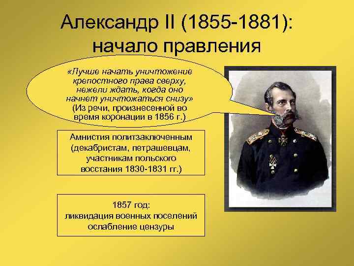 Александр II (1855 -1881): начало правления «Лучше начать уничтожение крепостного права сверху, нежели ждать,