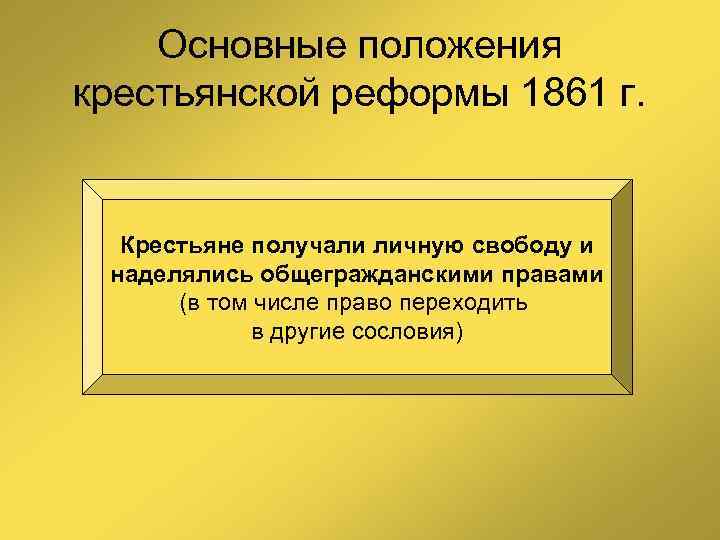 Основные положения крестьянской реформы 1861 г. Крестьяне получали личную свободу и наделялись общегражданскими правами