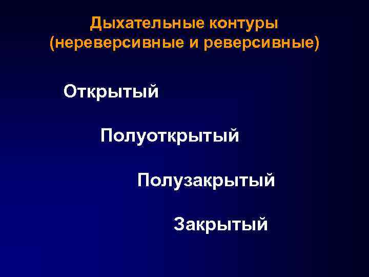 Дыхательные контуры (нереверсивные и реверсивные) Открытый Полуоткрытый Полузакрытый Закрытый 