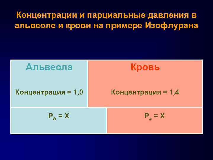 Концентрации и парциальные давления в альвеоле и крови на примере Изофлурана Альвеола Кровь Концентрация