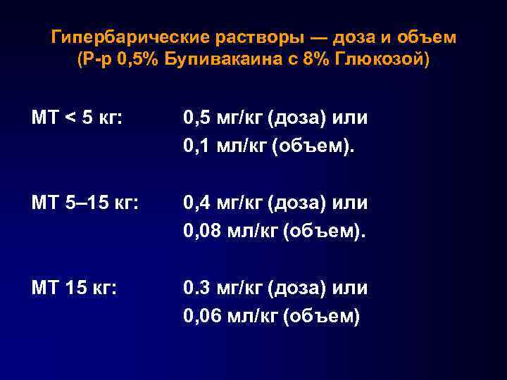 Гипербарические растворы ― доза и объем (Р-р 0, 5% Бупивакаина с 8% Глюкозой) МТ