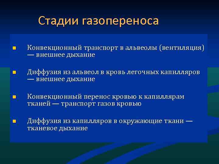 Стадии газопереноса n Конвекционный транспорт в альвеолы (вентиляция) — внешнее дыхание n Диффузия из