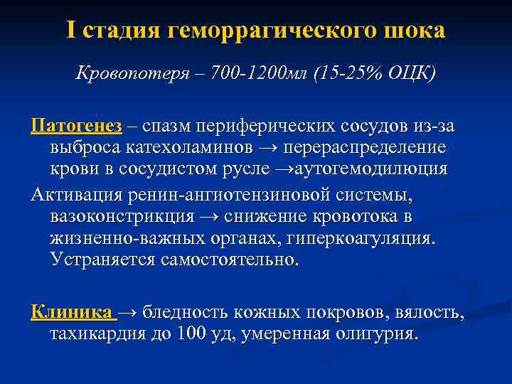 I стадия геморрагического шока Кровопотеря – 700 -1200 мл (15 -25% ОЦК) Патогенез –