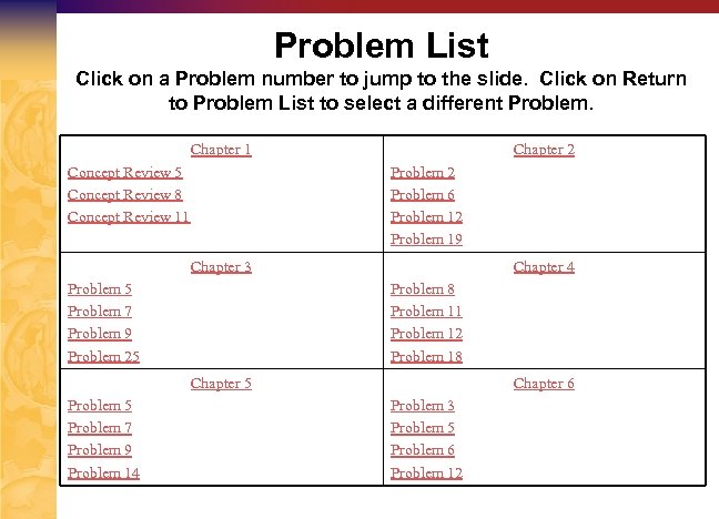 Problem List Click on a Problem number to jump to the slide. Click on