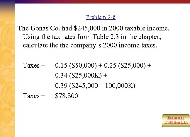 Problem 2 -6 The Gonas Co. had $245, 000 in 2000 taxable income. Using
