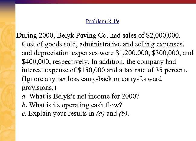 Problem 2 -19 During 2000, Belyk Paving Co. had sales of $2, 000. Cost