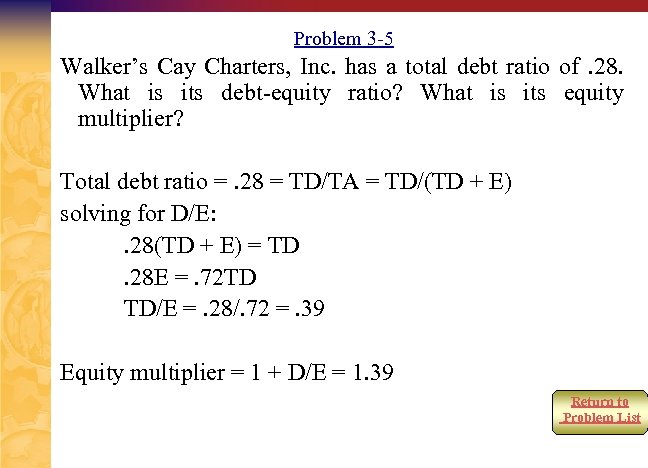 Problem 3 -5 Walker’s Cay Charters, Inc. has a total debt ratio of. 28.