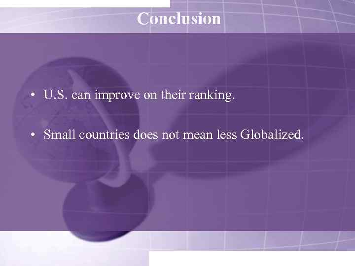 Conclusion • U. S. can improve on their ranking. • Small countries does not