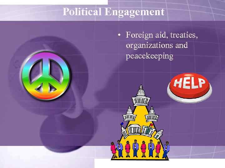 Political Engagement • Foreign aid, treaties, organizations and peacekeeping 