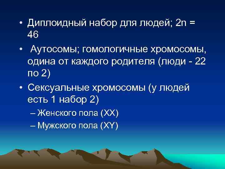  • Диплоидный набор для людей; 2 n = 46 • Аутосомы; гомологичные хромосомы,