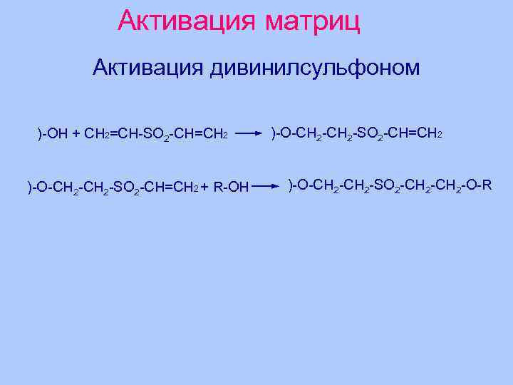 Активация матриц Активация дивинилсульфоном )-OH + CH 2=CH-SO 2 -CH=CH 2 )-O-CH 2 -SO