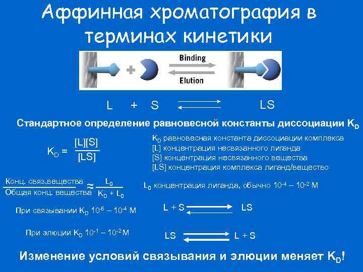 Аффинная хроматография в терминах кинетики L + LS S Стандартное определение равновесной константы диссоциации