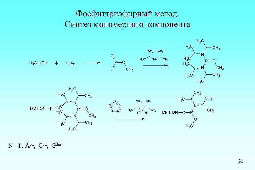 Фосфиттриэфирный метод. Синтез мономерного компонента N - T, Abz, Cbz, Gibu 31 