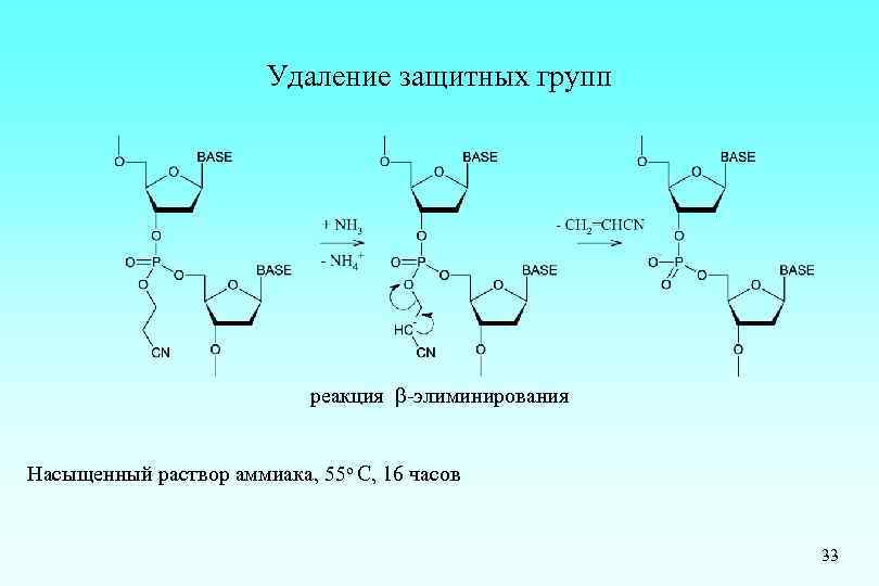 Удаление защитных групп реакция -элиминирования Насыщенный раствор аммиака, 55 о С, 16 часов 33