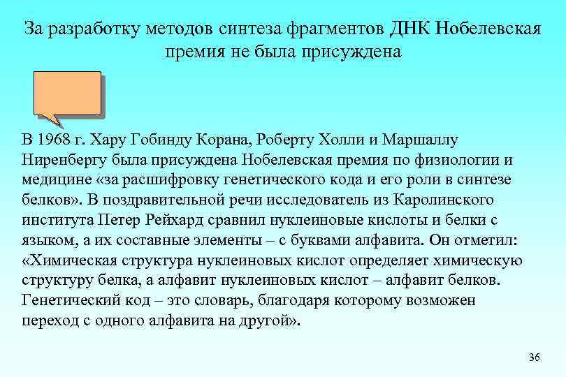 За разработку методов синтеза фрагментов ДНК Нобелевская премия не была присуждена В 1968 г.