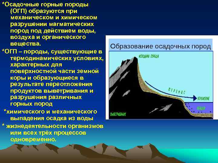 *Осадочные горные породы (ОГП) образуются при механическом и химическом разрушении магматических пород под действием