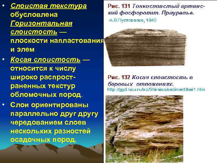  • Слоистая текстура обусловлена Горизонтальная слоистость — плоскости напластования и элем • Косая