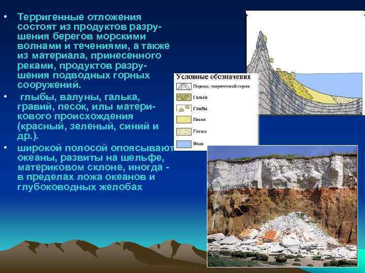  • Терригенные отложения состоят из продуктов разрушения берегов морскими волнами и течениями, а