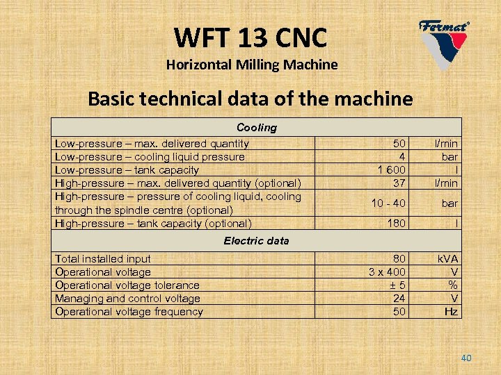 WFT 13 CNC Horizontal Milling Machine Basic technical data of the machine Cooling Low-pressure