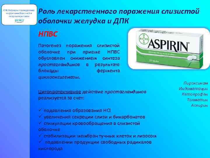 Роль лекарственного поражения слизистой оболочки желудка и ДПК НПВС Патогенез поражения слизистой оболочке приеме