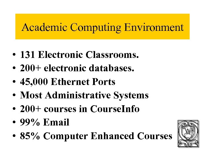Academic Computing Environment • • 131 Electronic Classrooms. 200+ electronic databases. 45, 000 Ethernet