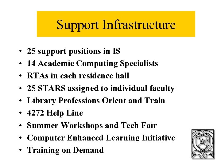 Support Infrastructure • • • 25 support positions in IS 14 Academic Computing Specialists