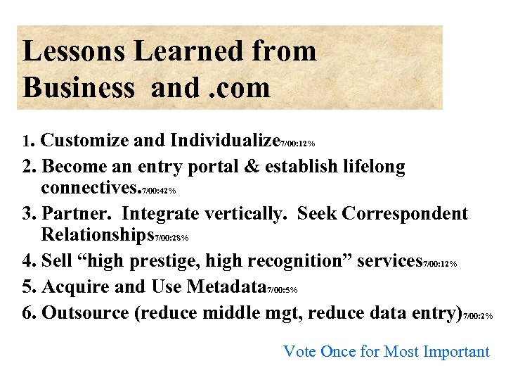 Lessons Learned from Business and. com 1. Customize and Individualize 7/00: 12% 2. Become