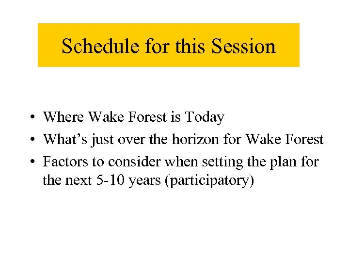 Schedule for this Session • Where Wake Forest is Today • What’s just over