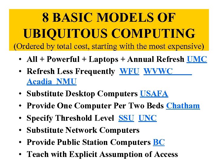 8 BASIC MODELS OF UBIQUITOUS COMPUTING (Ordered by total cost, starting with the most