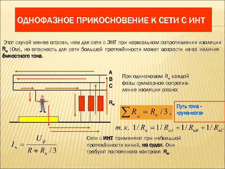 ОДНОФАЗНОЕ ПРИКОСНОВЕНИЕ К СЕТИ С ИНТ Этот случай менее опасен, чем для сети с