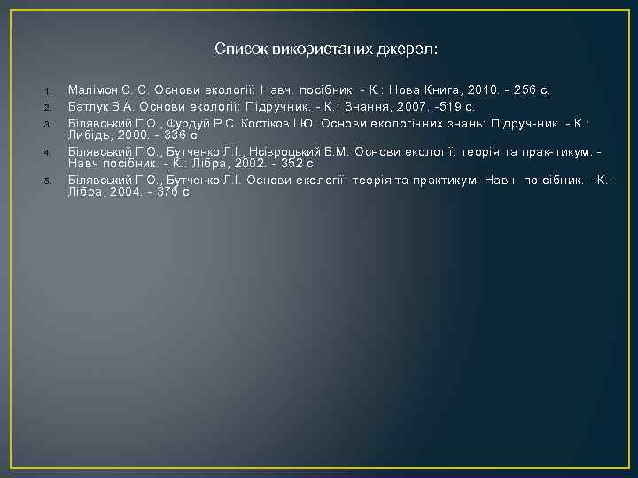 Список використаних джерел: 1. 2. 3. 4. 5. Малімон С. С. Основи екології: Навч.