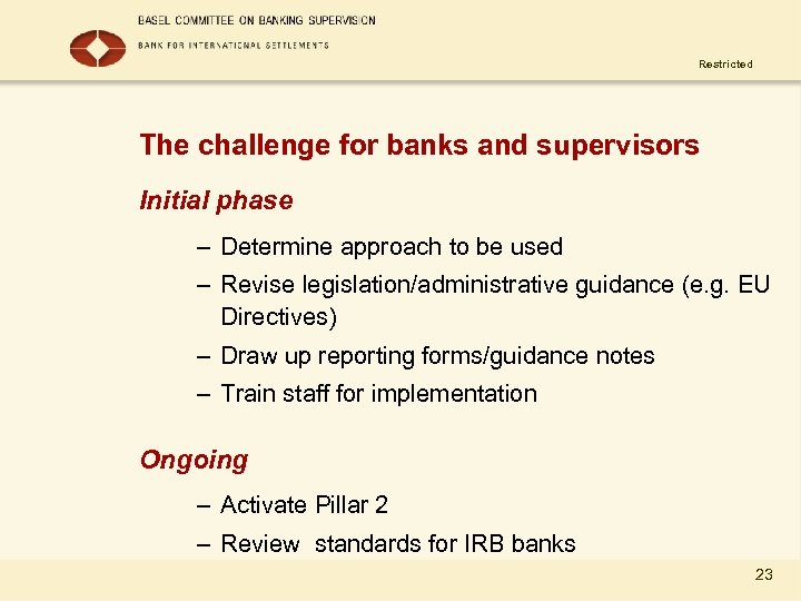 Restricted The challenge for banks and supervisors Initial phase – Determine approach to be