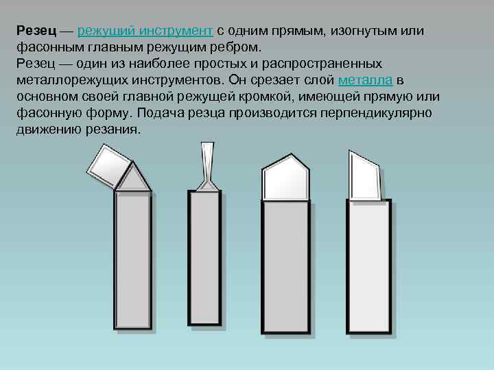 Резец — режущий инструмент с одним прямым, изогнутым или фасонным главным режущим ребром. Резец