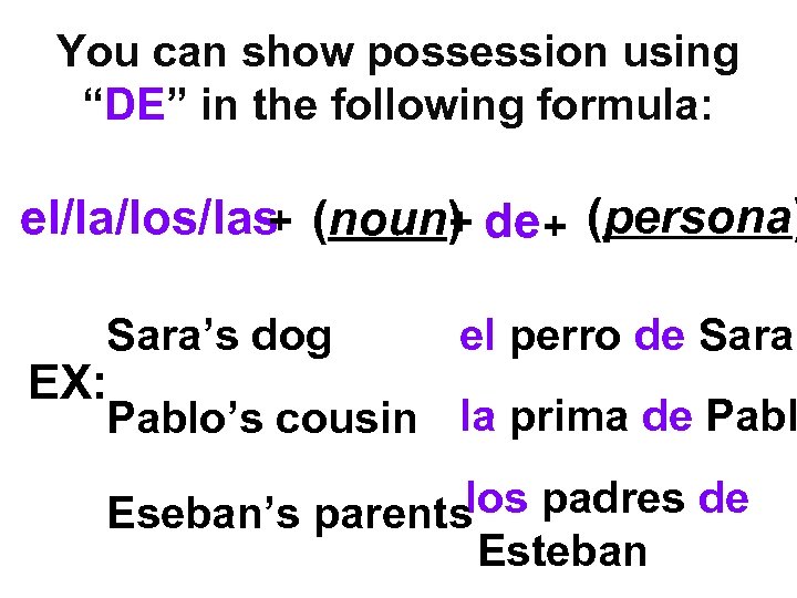 You can show possession using “DE” in the following formula: el/la/los/las (noun) de +