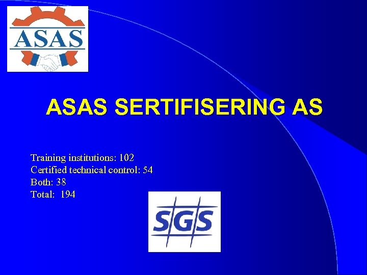 ASAS SERTIFISERING AS Training institutions: 102 Certified technical control: 54 Both: 38 Total: 194