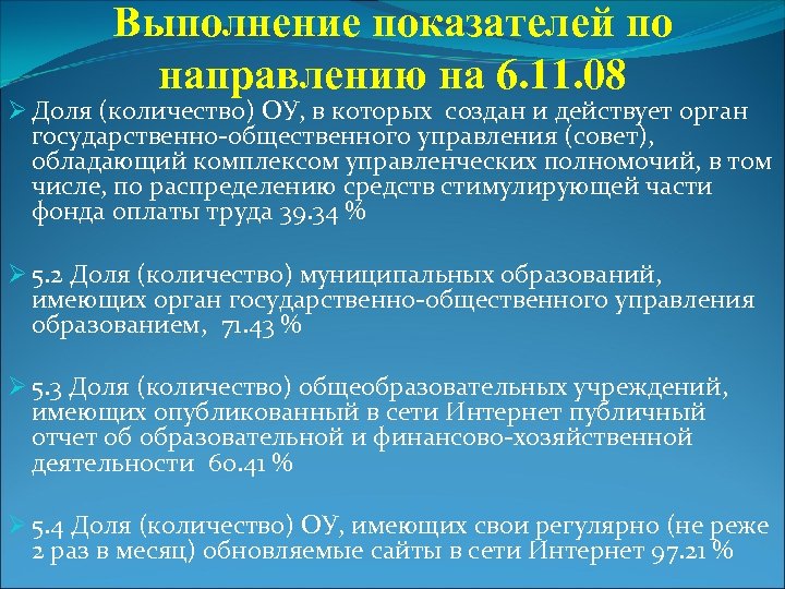 Выполнение показателей по направлению на 6. 11. 08 Ø Доля (количество) ОУ, в которых