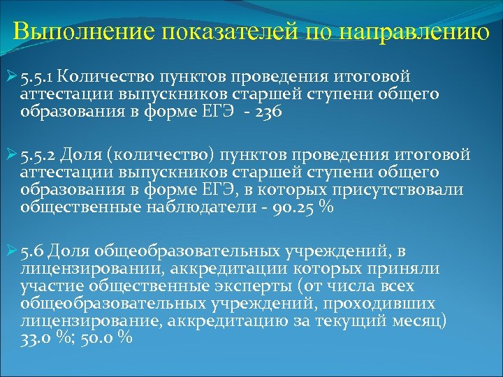 Выполнение показателей по направлению Ø 5. 5. 1 Количество пунктов проведения итоговой аттестации выпускников