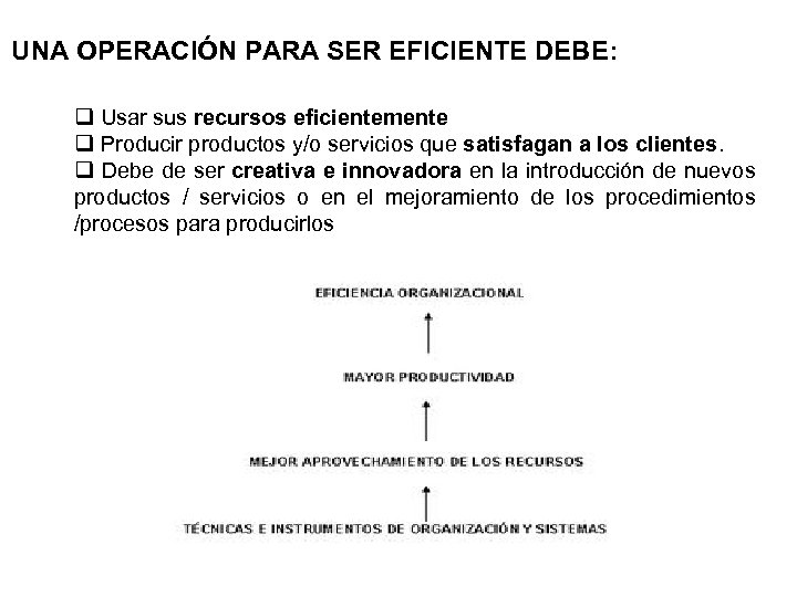 UNA OPERACIÓN PARA SER EFICIENTE DEBE: Usar sus recursos eficientemente Producir productos y/o servicios