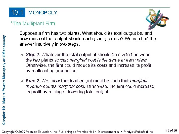 10. 1 MONOPOLY Chapter 10: Market Power: Monopoly and Monopsony *The Multiplant Firm Suppose